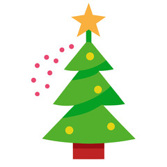Festive green christmas tree with star and falling snowflakes