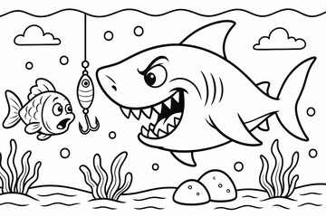 A cartoon shark hunts a scared little fish about to bite a fishing lure. A thrilling underwater coloring page full of adventure and tension for kids
