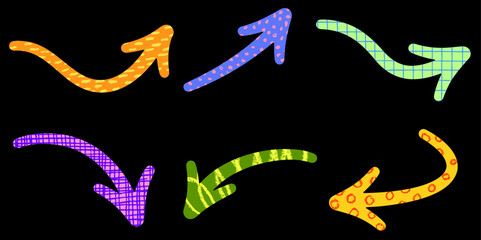 Six colorful patterned arrows on a black background in playful, curved forms. Vector illustration.