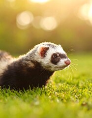 Ferret in grassy field, sunlit