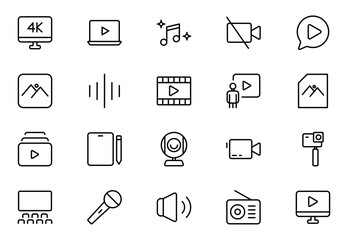 Multimedia line icon set. Cinema icon set. Movie sign collection. Set of cinema, movie, video icons, collection film, TV. Popcorn box package Big movie reel. Outline icon set collection.