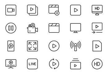 Multimedia line icon set. Cinema icon set. Movie sign collection. Set of cinema, movie, video icons, collection film, TV. Popcorn box package Big movie reel. Outline icon set collection.