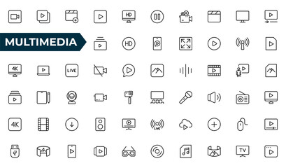 Multimedia line icon set. Cinema icon set. Movie sign collection. Set of cinema, movie, video icons, collection film, TV. Popcorn box package Big movie reel. Outline icon set collection.