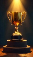 Golden trophy on a pedestal, spotlight shining , winning, spotlight