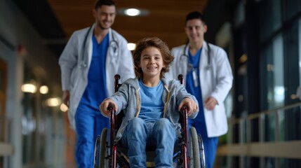 A smiling boy in a wheelchair is being pushed by two cheerful doctors in a hospital corridor.