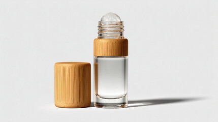 A transparent cylindrical glass roll on deodorant bottle showcasing minimalist packaging and natural beauty product styling in clean modern aesthetic.