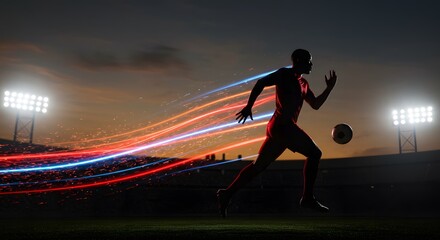 A soccer player is running with the ball at night in a stadium