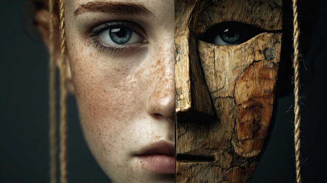 A striking conceptual portrait showing a woman face partially transformed into wooden marionette reflecting duality identity and craftsmanship theme.