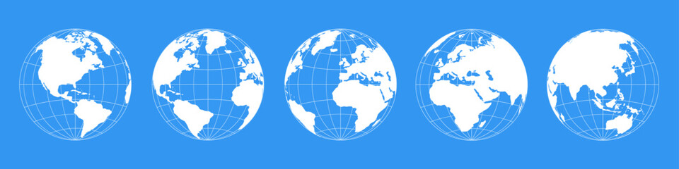 Earth set globes with world maps view from different positions, set Earth globe hemispheres with continents