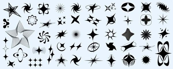 Set of Y2K bling retro futuristic elements, cosmic circles and swirls, abstract brutalism shapes, wireframe stars, grids and tech-inspired aesthetic elements © dlyastokiv