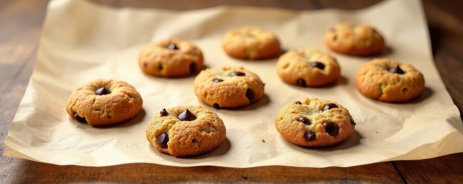 Rustic, hand-drawn cookies on parchment paper, baking sheet background, design, delicious