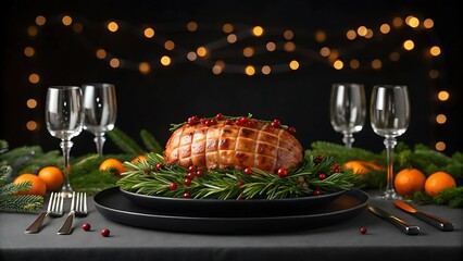 Festive holiday ham dinner with sparkling lights and garnishes creates a warm and inviting atmosphere