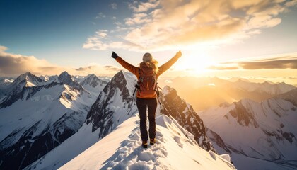 Victorious Hiker Embraces Golden Sunrise on a Snowy Mountain Summit