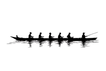 Naklejka premium Silhouetted fishermen rowing in harmony on calm waters