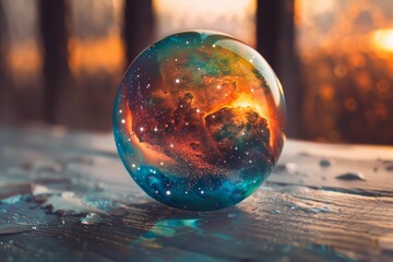 Mysterious glass orb displaying nebula and stars resting on a wet wooden surface