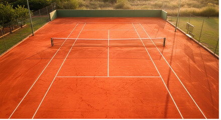 Empty Red Clay Tennis Court with Net Under Warm Golden Hour Light