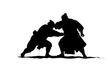 Traditional sumo wrestlers grappling in silhouette
