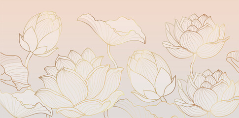 Luxury hand drawn lotus line art background. Elegant gradient gold botanical flowers line art, leaves and tropical foliage. Design for wedding invitation, cover, print, decoration, template.