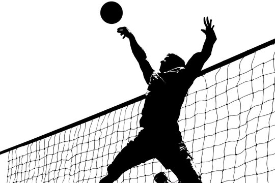Volleyball player performing a powerful jump serve over the net - Powered by Adobe
