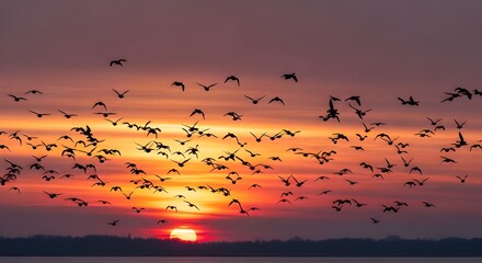 a picture of a sunset, beautiful sky and flying birds