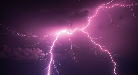 Vivid pink lightning strikes illuminate a dark, stormy sky filled with ominous clouds, showcasing the raw power and beauty of nature's electric display.