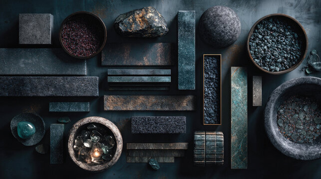 Dark basalt and obsidian stones presented in mysterious composition ideal for luxury spa branding and wellness visuals.