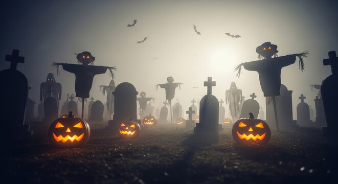 Eerie Graveyard Spectacle Illuminated Jack O Lanterns Amidst Tombstones Scarecrows and Bats Conjure a Chilling Atmosphere of Mystery and Intrigue on a Foggy Night
