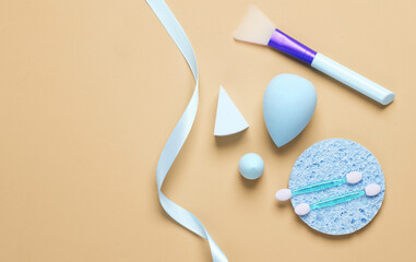 Beauty products on a beige background. Flat lay