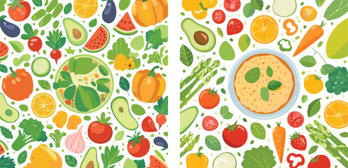 A vibrant diptych illustration of healthy eating with a salad and soup surrounded by fresh vegetables and fruits.