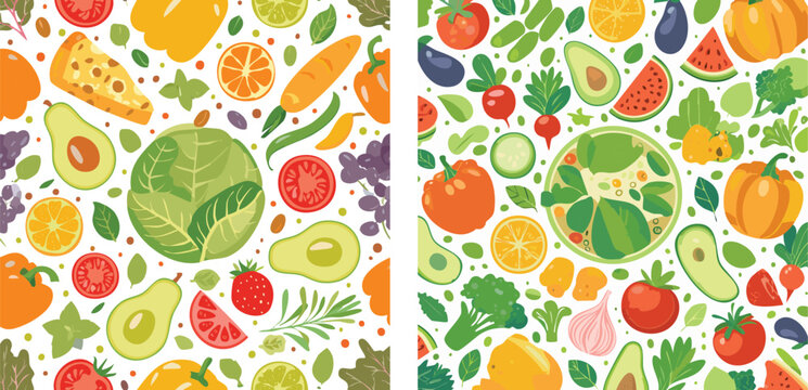 A set of two colorful seamless patterns featuring fresh vegetables, fruits, and healthy food ingredients.