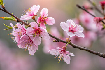 Obraz premium Wild Himalayan Cherry. pink flowers. Closeup of Wild Himalayan Cherry (Prunus cerasoides) or thai sakura flower at Chiang Mai Royal Agricultural Research Center (Khun Wang). Chiang Mai, Thailand.