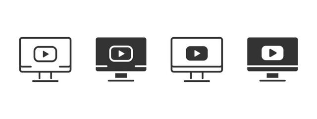 Video play icon. Computer screen with multimedia playback button vector illustration. Online streaming and digital content interface symbol. Internet player for watching clips sign. © Chelpanoff