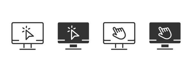 Cursor click icon. Computer screen with mouse pointer and hand interaction vector illustration. Desktop navigation and user interface symbol. Web click and digital selection sign.