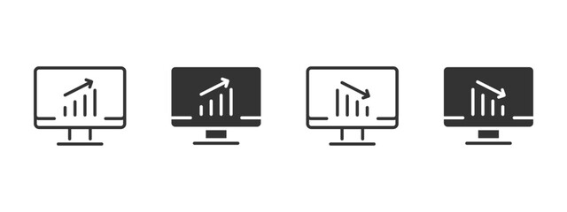 Analytics graph icon. Computer screen with business chart showing growth and decline vector illustration. Financial report and data visualization symbol. Performance trend and marketing analysis sign.