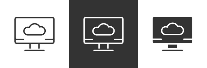 Cloud computing icon. Computer screen with cloud network storage vector illustration. Online data access and web platform symbol. Digital service and internet technology sign.