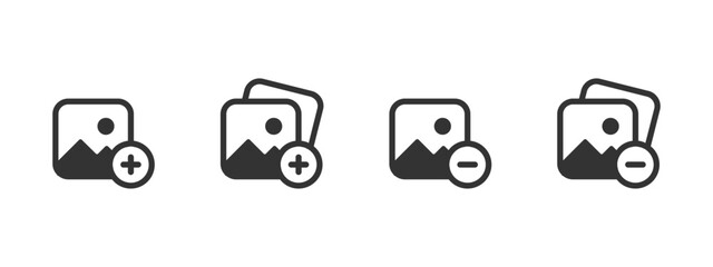 Gallery management icon. Adding and removing images in digital media collections vector illustration. Photo album editing and picture organization symbol. Multimedia content control sign.