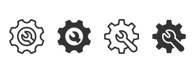 Settings tools icon. Gear with wrench symbolizing configuration, repair, and technical maintenance vector illustration. System adjustment and customization symbol. Engineering and support sign.