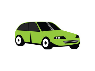 Simple green car illustration in a flat style, depicted from the on a white background. The design is minimalistic, featuring basic geometric shapes. Vector illustration
