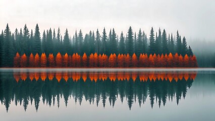 Serene forest reflection tall evergreen trees bordering a calm lake with a strip of vibrant autumn foliage