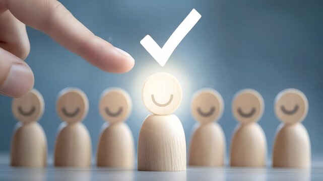 Selected Wooden Figure with Happy Face Glowing Under Check Mark, Symbolizing Recruitment, Human Resource Selection, Choice, Happy Employee, Candidate Job Success