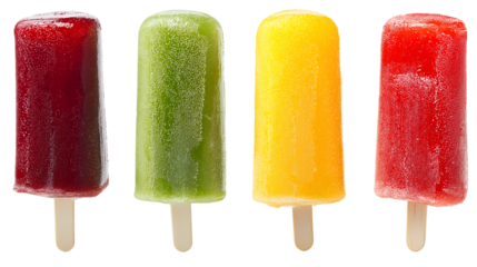 Set of various 4 pieces of ice cream on a stick of different colors isolated on transparent background