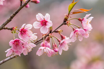 Obraz premium Wild Himalayan Cherry. pink flowers. Closeup of Wild Himalayan Cherry (Prunus cerasoides) or thai sakura flower at Chiang Mai Royal Agricultural Research Center (Khun Wang). Chiang Mai, Thailand.