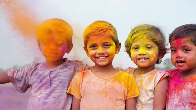 children covered in holi colors smiling vibrant powder indian festival celebration video