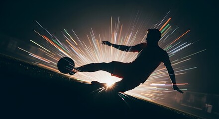 A soccer player kicks the ball with dynamic light trails
