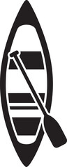 Minimalist black silhouette icon of a canoe with a single paddle, top-down view.