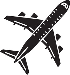 Minimalist black silhouette icon of a passenger airplane in flight, viewed from above.