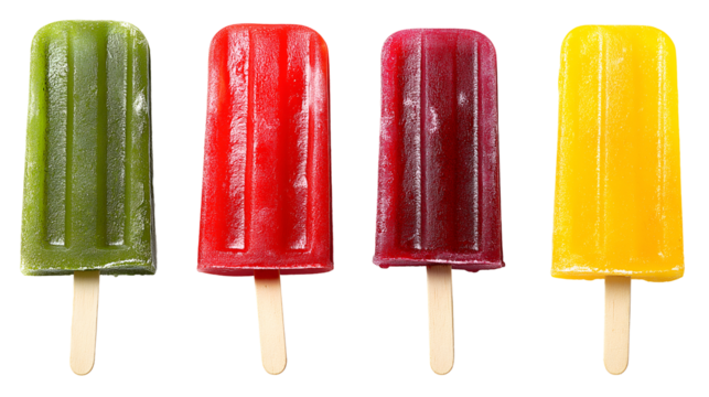 Collection of various 4 pieces of ice cream on a stick of different colors isolated on transparent background