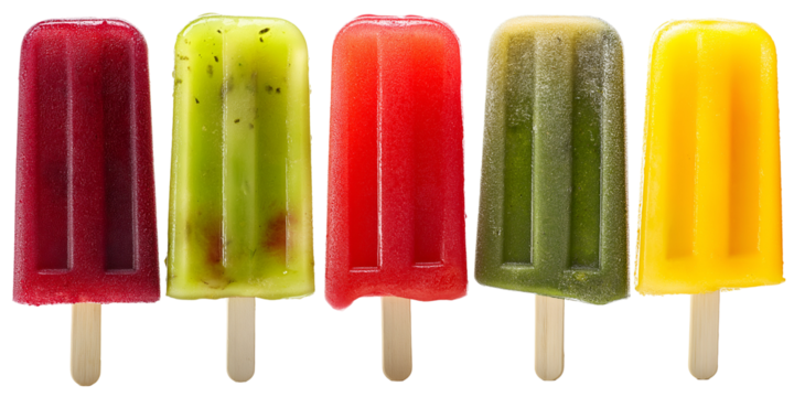 Set of various 5 pieces of ice cream on a stick of different colors isolated on transparent background