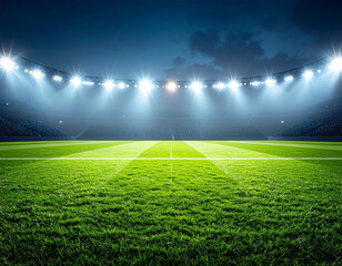 Obraz premium Night stadium, floodlit soccer field, ready for game, empty stands.