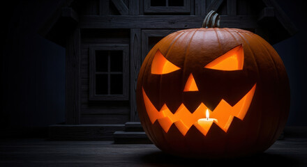 Fototapeta premium A Close-Up of a Carved Pumpkin with a Sinister Grin, Illuminated by a Flickering Candle, Standing Before a Rustic Wooden Structure, Evoking a Sense of Anticipation